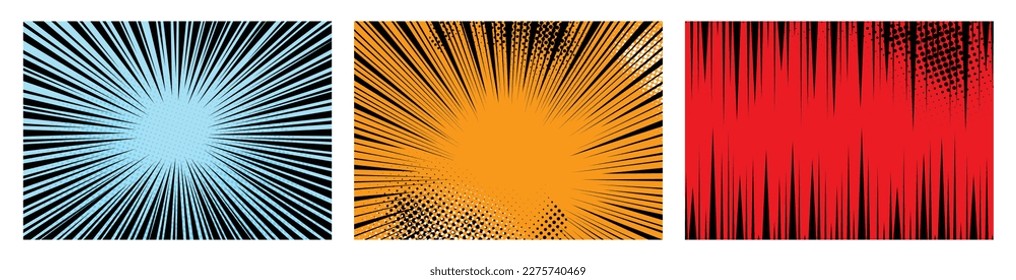 Comic book speed lines set, explosion effect. Abstract radial zoom speed light, motion background set. Mega speed frames. Vector illustration on white background