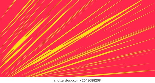 Linhas de cor vermelha amarela isoladas na faixa de fundo e estilo de efeito radial para o quadro de velocidade do mangá, ação de super-herói, plano de fundo de explosão. Efeito de linha de movimento, pop art. Vetor 10 eps