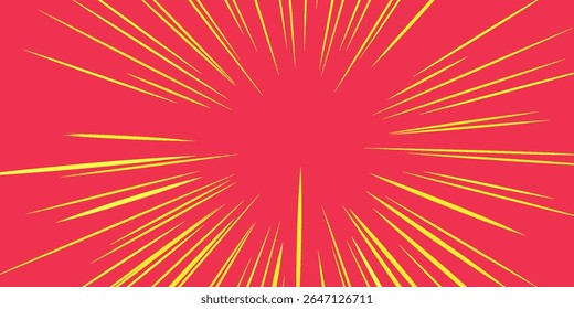 Linhas de cor vermelha amarela isoladas na faixa de fundo e estilo de efeito radial para o quadro de velocidade do mangá, ação de super-herói, plano de fundo de explosão. Efeito de linha de movimento, pop art. Vetor 10 eps