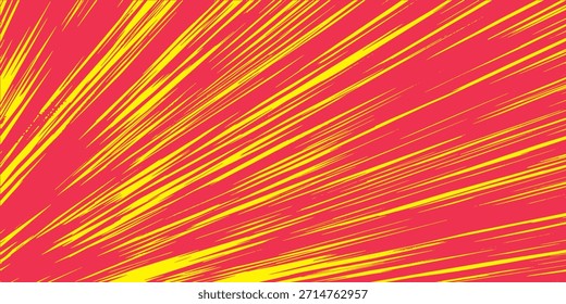 Líneas de color rojo amarillo de la velocidad del cómic aisladas en la raya del fondo y estilo radial del efecto para el marco de la velocidad del manga, acción del superhéroe, fondo de la explosión. Efecto de línea de movimiento, arte pop. Vector 10 eps