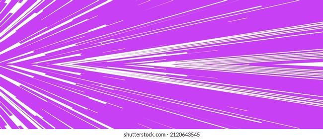 Comic-Buchgeschwindigkeit weißer violetter Farblinien einzeln auf Hintergrund-Streifen und Radialeffekt-Stil für Manga-Geschwindigkeitsrahmen, Superheldenaktion, Explosionshintergrund. Motion Line-Effekt, Pop-Art. Vektorgrafik 10