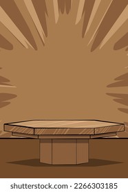 Comic Book Stage. Brown Hexagonal Showcase. Cartoon podium for mockup presentation. Vector Product Advertisement Space. Graphic Presentation Illustration.