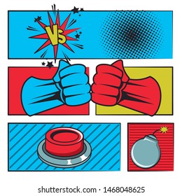 Comic book story with speech bubble, superheros punches button and round bomb ,vector illustration.