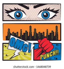 Comic book story with speech bubble, cityscape, eyes and superhero punch ,vector illustration.