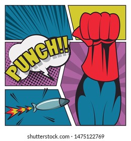 Comic book story with speech bubble, superhero punch and missile weapon ,vector illustration.