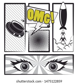 Comic Book Story With Speech Bubble, Missile Button And Suprised Eyes ,vector Illustration.