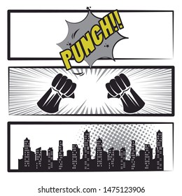 Comic book story with speech bubble, city and super hero fist punch ,vector illustration.