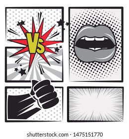 Comic book story with speech bubble, sexy lips suprised and superhero punch ,vector illustration.
