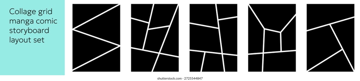 Plantilla de guion gráfico de cómic con una cuadrícula de paneles de manga vacíos y burbujas de discurso. Ilustración vectorial de marcos rectangulares negros para historias de dibujos animados, episodios de anime o diseños de collage de fotos.