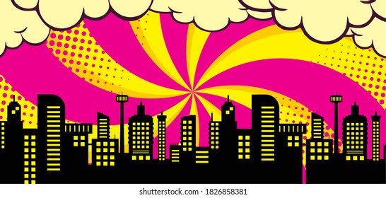 Comic book style background, big city skyline outlines