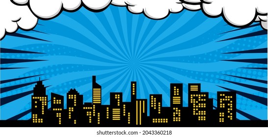 Comic book style background, big city skyline outlines