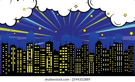 Comic book style background, big city skyline, cloud and star.