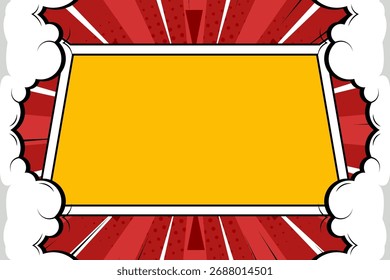 Comic book style background with lightning bolts and white speech cloud frame. Dynamic pop art design with halftone dots and motion lines, creating an energetic and action-packed atmosphere. Perfect f