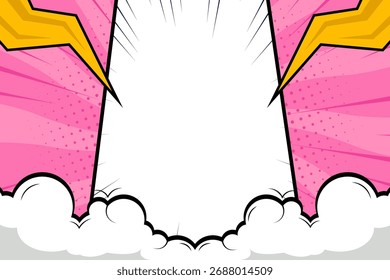 Comic-Hintergrund im Buchstil mit Blitzen und weißem Sprachwolkenrahmen. Dynamisches Pop-Art-Design mit Rasterpunkten und Bewegungslinien, das eine energiegeladene und actionreiche Atmosphäre schafft. Perfekt f