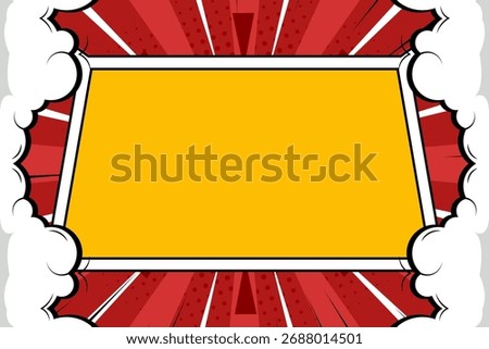 Comic book style background with lightning bolts and white speech cloud frame. Dynamic pop art design with halftone dots and motion lines, creating an energetic and action-packed atmosphere. Perfect f