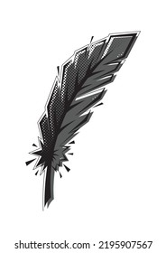 Comic book style bird feather with halftone texture. Black and grey colors. Vector illustration isolated on white background. Decorative oriental element for print, design, t-shirt