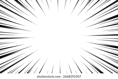 Fondo de líneas radiales en blanco y negro estilo cómic. Acción de superhéroe, fondo de explosión, marco de velocidad de manga, Ilustración vectorial.