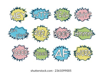 Comic book style Bubble comic speech set stickers design any purposes Social network vector illustration blank in flat style chat symbol label tag dialog word Online chat clouds comments Youth slang