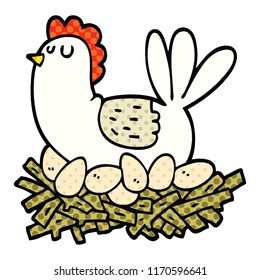 comic book style cartoon chicken on nest of eggs