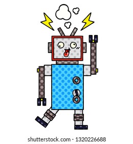 comic book style cartoon of a crazy broken robot