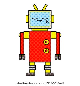 comic book style cartoon of a crying robot
