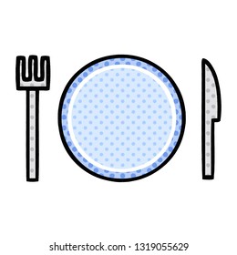 caricatura de un plato y cubiertos al estilo de un libro de historietas