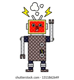 comic book style cartoon of a robot malfunction