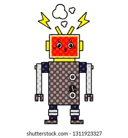 comic book style cartoon of a robot malfunction