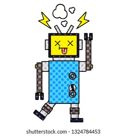 comic book style cartoon of a robot malfunction