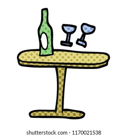 Comicbuchstil-Cartoon-Tisch mit Flasche und Brille
