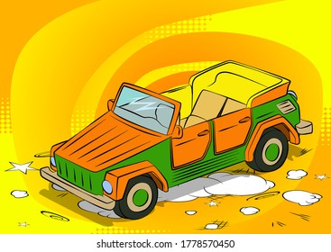 Comic book style, cartoon vector illustration of a cool retro cabriolet Car.