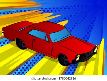 Comic book style, cartoon vector illustration of a cool retro American Sports Car.