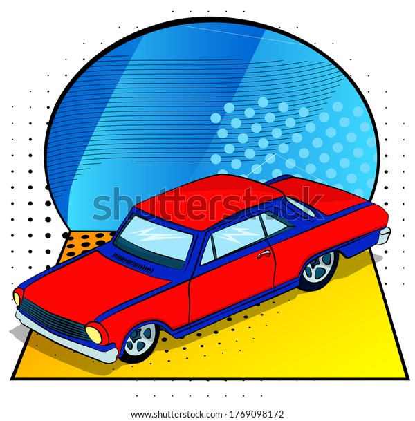 Comic book style, cartoon vector illustration of a\
cool American Sports\
Car.