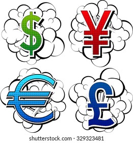 Comic book style currency signs on clouds.