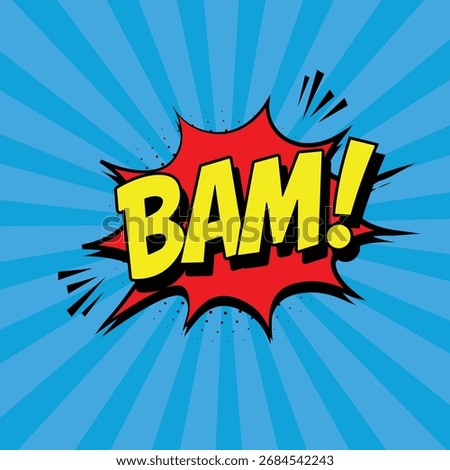 Comic book style exclamations Bam. speech bubbles with halftone dot and black outlines. Retro cartoon pop art design elements, stickers
