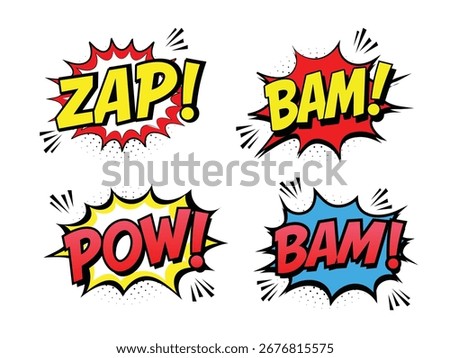 Comic book style exclamations set - Pow, Zap, Bam. Bright yellow, Red speech bubbles with halftone dot and black outlines. Retro cartoon pop art design elements, stickers