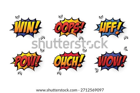 Comic book style exclamations set - Win!, oops!, uff!, pow!, ouch!, wow!. Bright yellow, Red speech bubbles with halftone dot and black outlines. Retro cartoon pop art design elements, stickers
