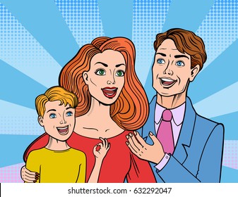 Comic book style family says a speech. Pop art style mother, father and son briskly communicate