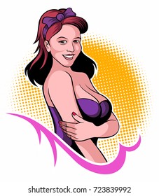 Comic book style, fifties style, pop art style smiling woman with ornament, vector image.