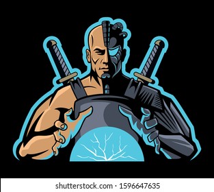 Combatiente de estilo cómic, guerrero con dos espadas y bola mágica. Mitad hombre, mitad robot, Vector cyborg Imagen.