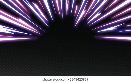 Comic Book Style Flash Explosion. Lines Arranged in an Arch on Black Background. Vector Anime Illustration Design. Bright White Light Thunder Burst. Flash Electric Glow. Speed Lines Manga Frame.