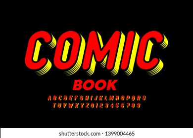 Comic book style font, alphabet letters and numbers, vector illustration