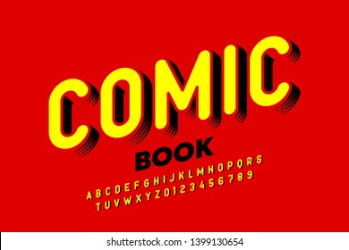 Comic book style font, alphabet letters and numbers, vector illustration