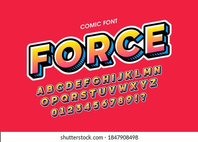 Comic book style font, alphabet letters and numbers, vector illustration