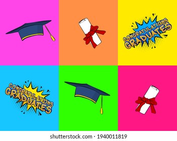 Comic book style graduation cap and diploma. Education, end of educational year related illustration. Vector cartoon. Greeting cards, social media posts, and motion posters.