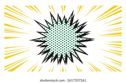A comic book style green dotted jagged bomb speech bubble with a yellow concentrated line background