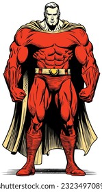 Comic book style illustration of powerful superhero standing tall.