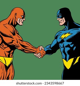 Comic book style illustration of two superheroes shaking hands.