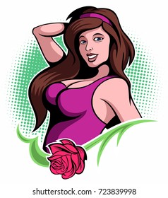 Comic book style, pop art style smiling woman with ornament and red rose, vector image.