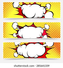 Comic book style pop-art header set with white explosion cloud and red splash under it. Vector illustration